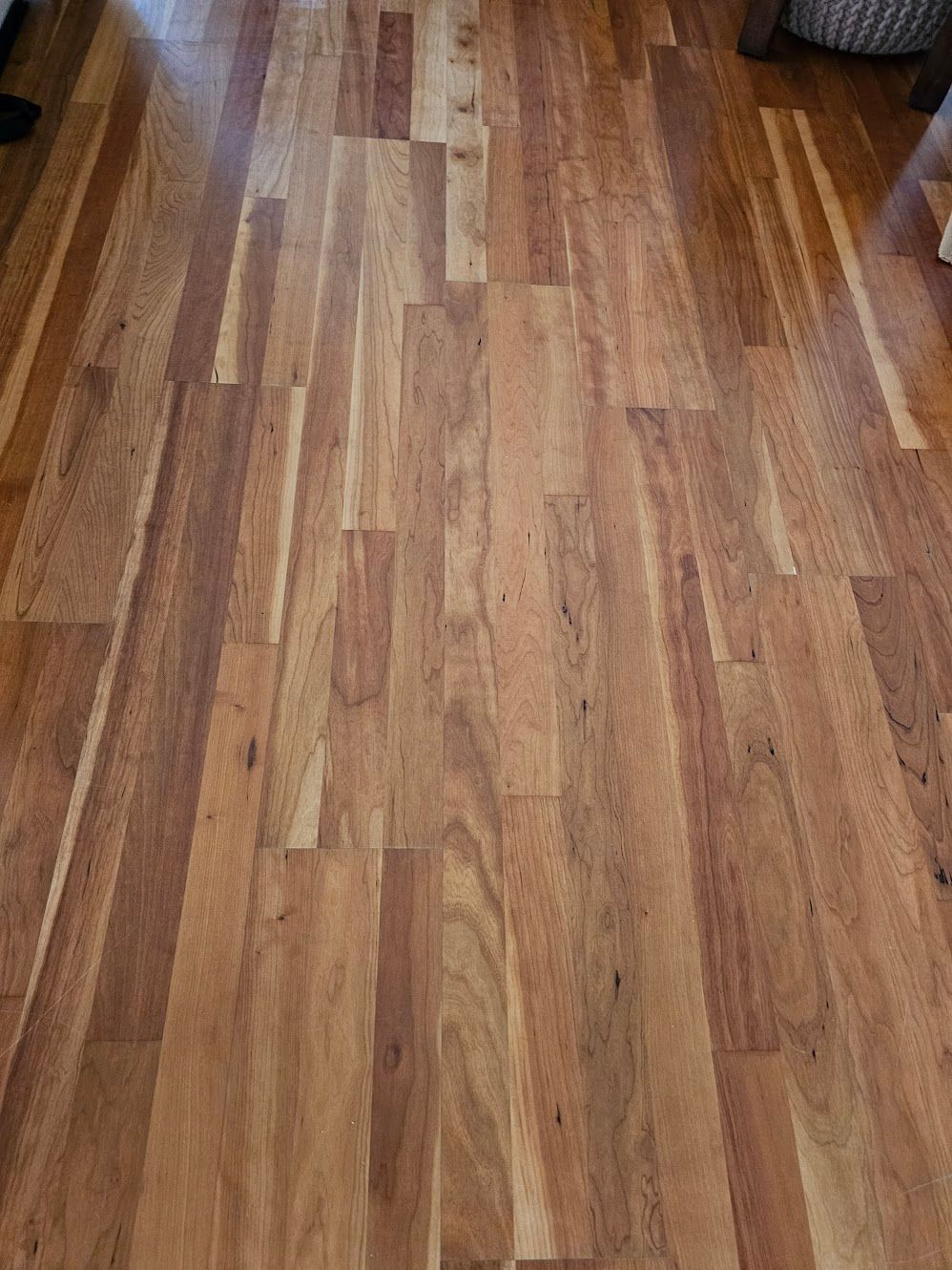 Wood floor with varying shades of brown planks, reflecting light.