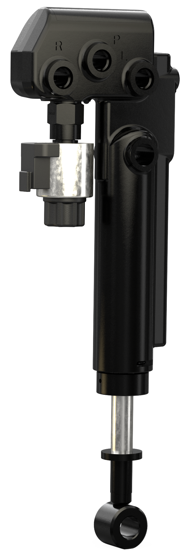 A close up of a black object with a hole in the middle on a white background.