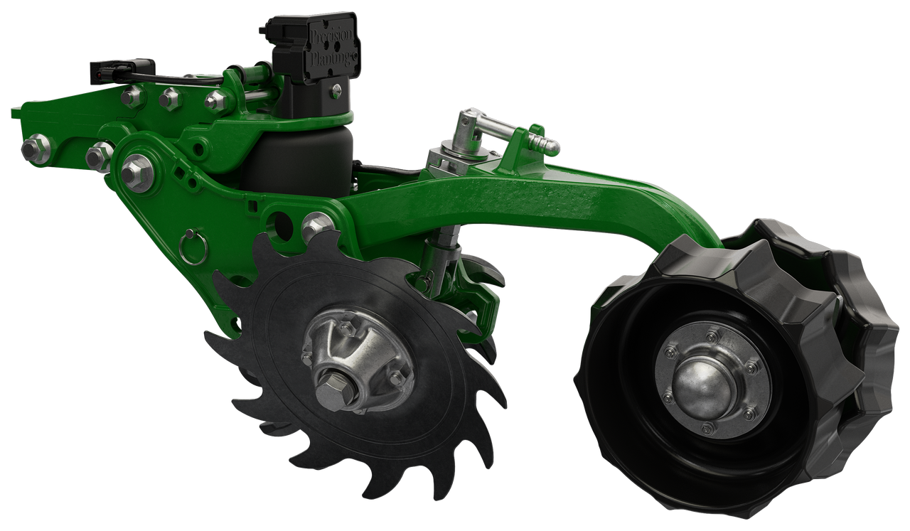 A green tractor with a black wheel on a white background.