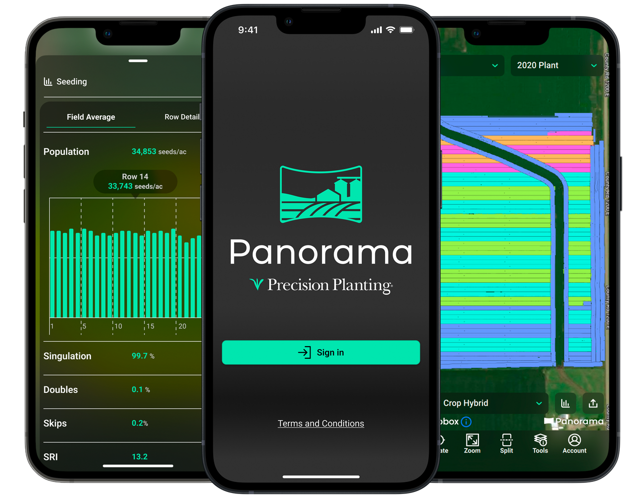 Three phones are displaying the panorama app on their screens.