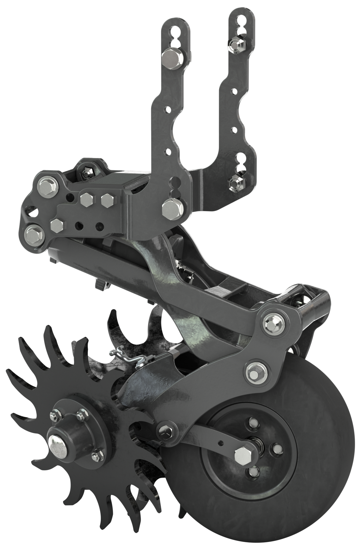 A close up of a machine with a wheel on a white background.