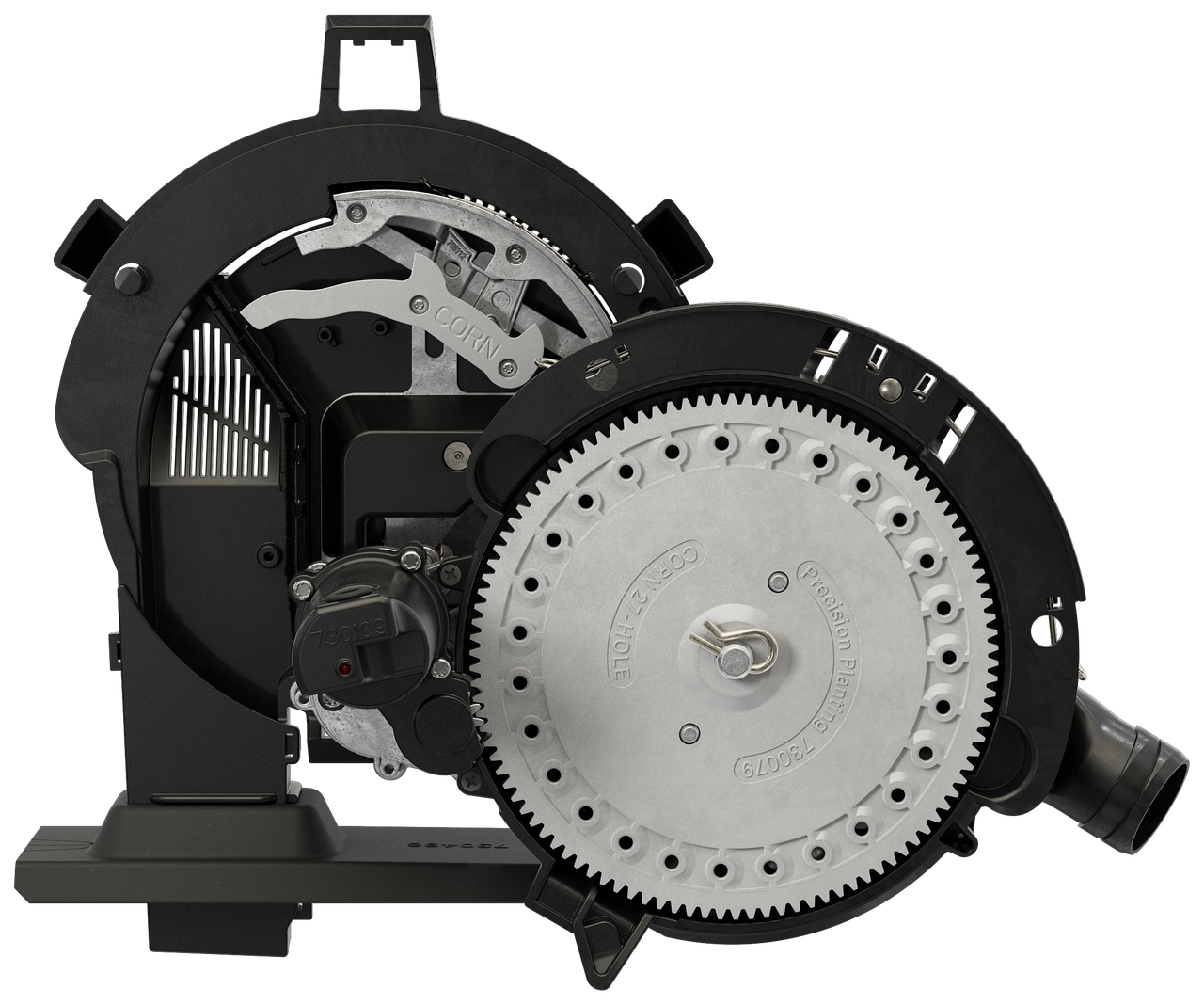 A close up of a machine with gears on a white background