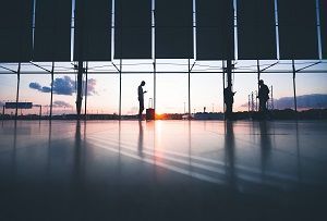 airport hall in sunset