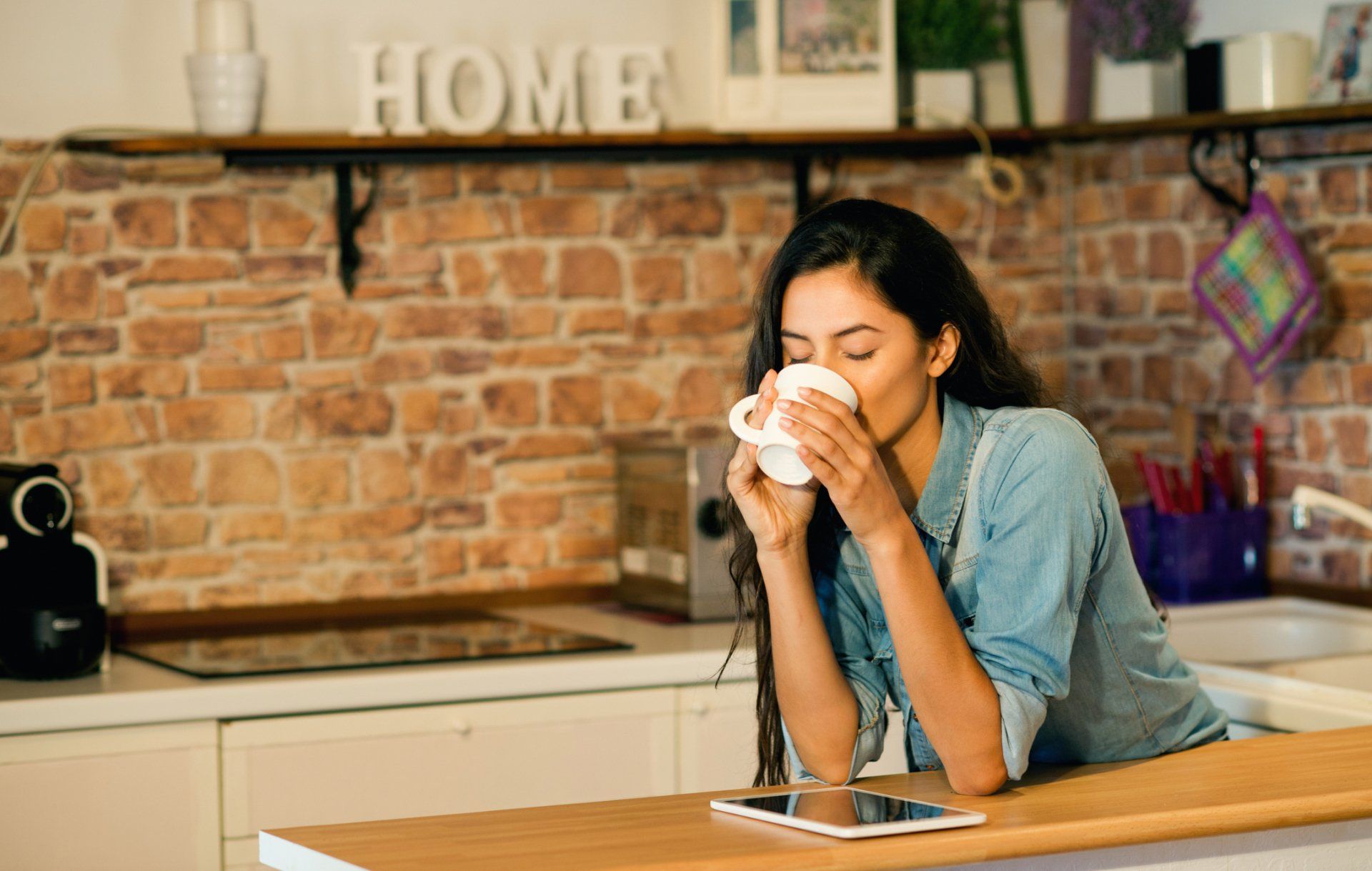 Enjoying coffee.