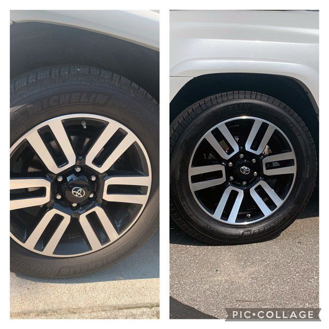 Two pictures of a car 's wheels and tires