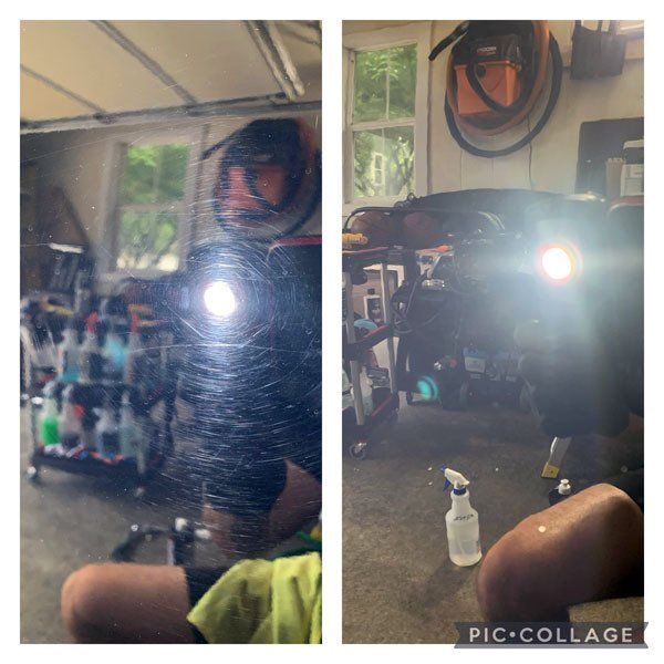 A before and after picture of a car being polished in a garage.