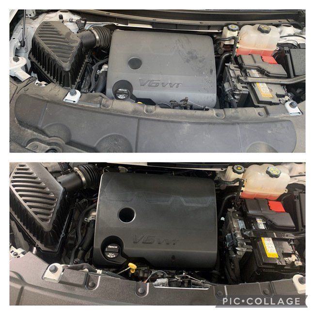 A before and after picture of a car engine