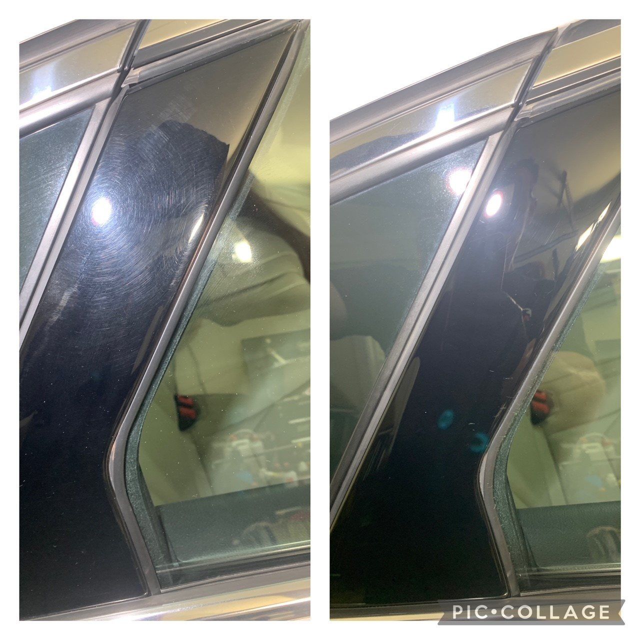 A before and after picture of a car window