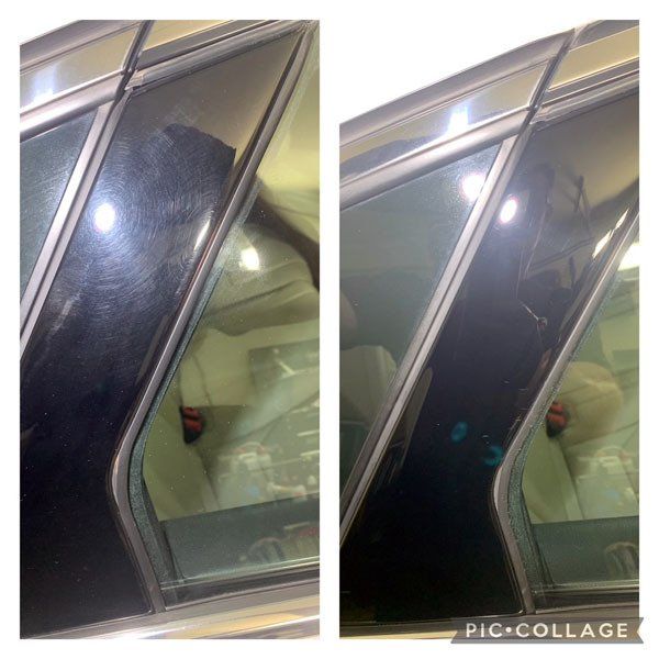 A before and after picture of a car window