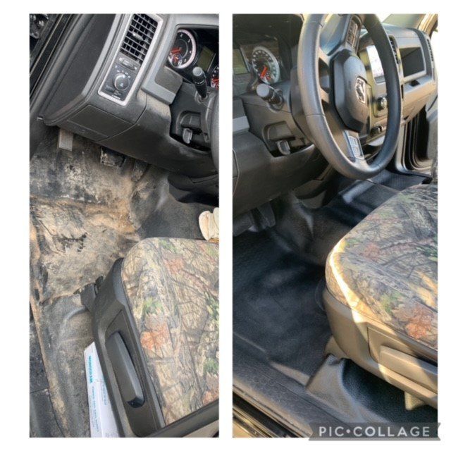 A before and after picture of the interior of a car