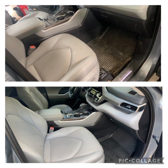 A before and after picture of the interior of a car