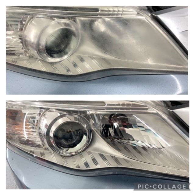 A before and after photo of a car headlight