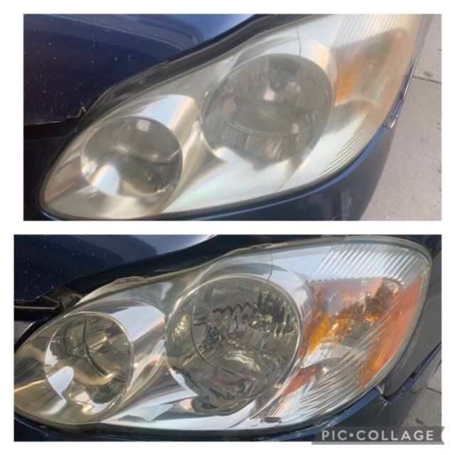 A before and after photo of a car headlight