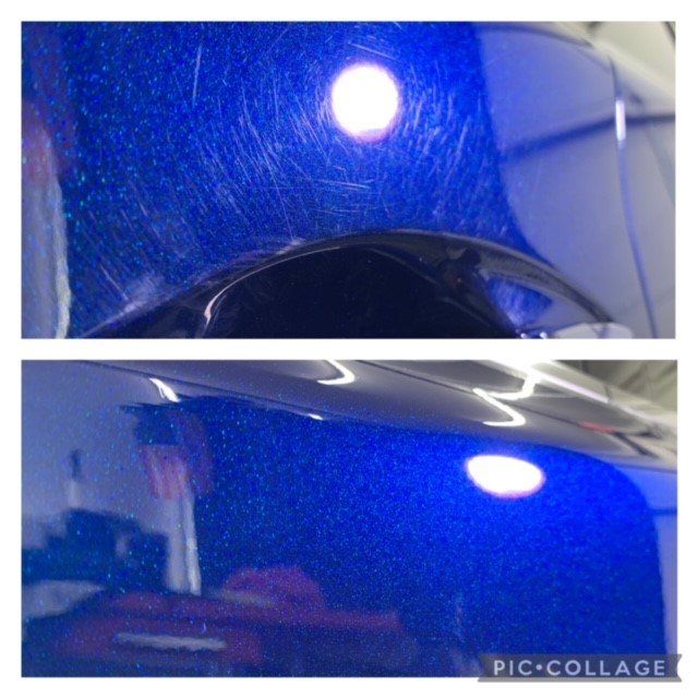 A picture of a car before and after being polished