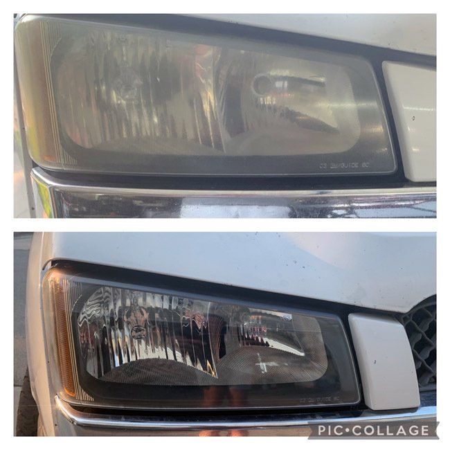 A before and after photo of a truck 's headlights.
