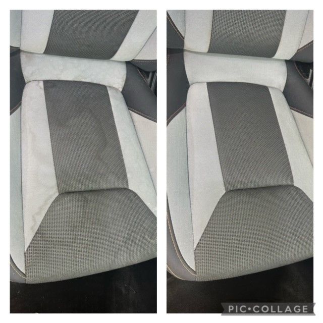 A before and after picture of a car seat