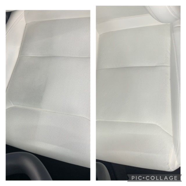 A picture of a car seat before and after being cleaned
