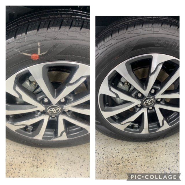 Two pictures of a toyota tire with a hole in it