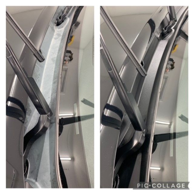 A before and after picture of a car windshield