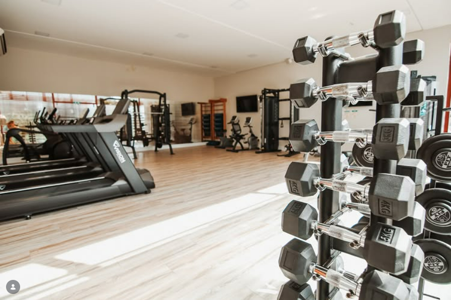 Interior de academia com pesos, esteiras e aparelhos de ginástica. Espaço amplo e iluminado com piso de madeira clara.