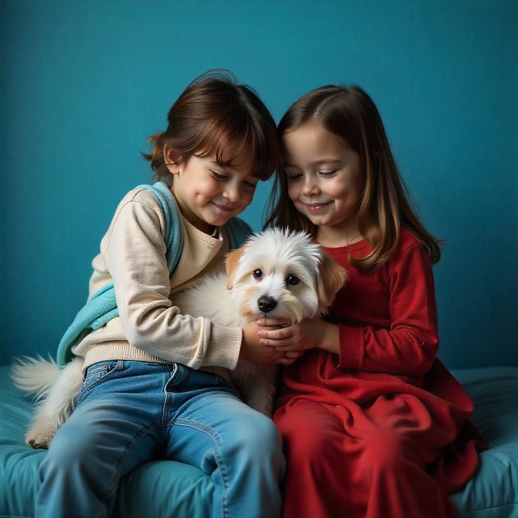 Un niño y una niña están sentados en un sofá sosteniendo un perro.