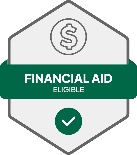 Badge: Financial Aid Eligible, blue banner, building icon, dollar sign.