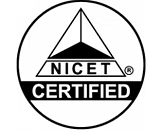 A black and white circular logo featuring a pyramid shape above the text 