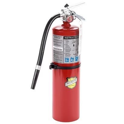 A red Buckeye fire extinguisher with a black hose and nozzle, shown against a white background.