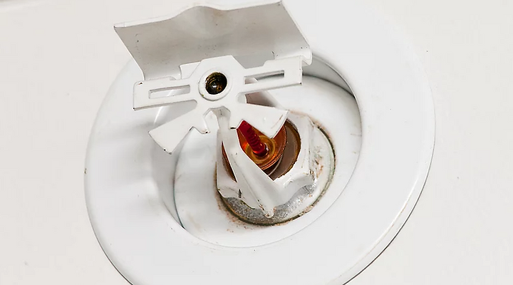 A white fire sprinkler head mounted on a ceiling, featuring a small orange glass heat-sensitive bulb.