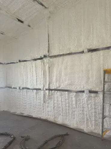 Interior walls insulated with white spray foam. Black beams visible. A ladder is in the right corner.