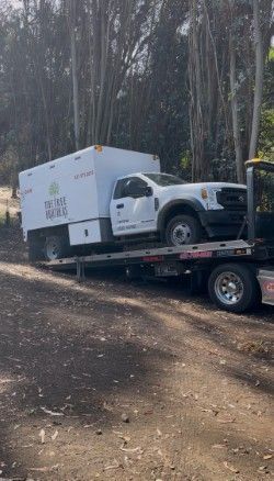 White truck with a utility body being transported on a flatbed tow truck.