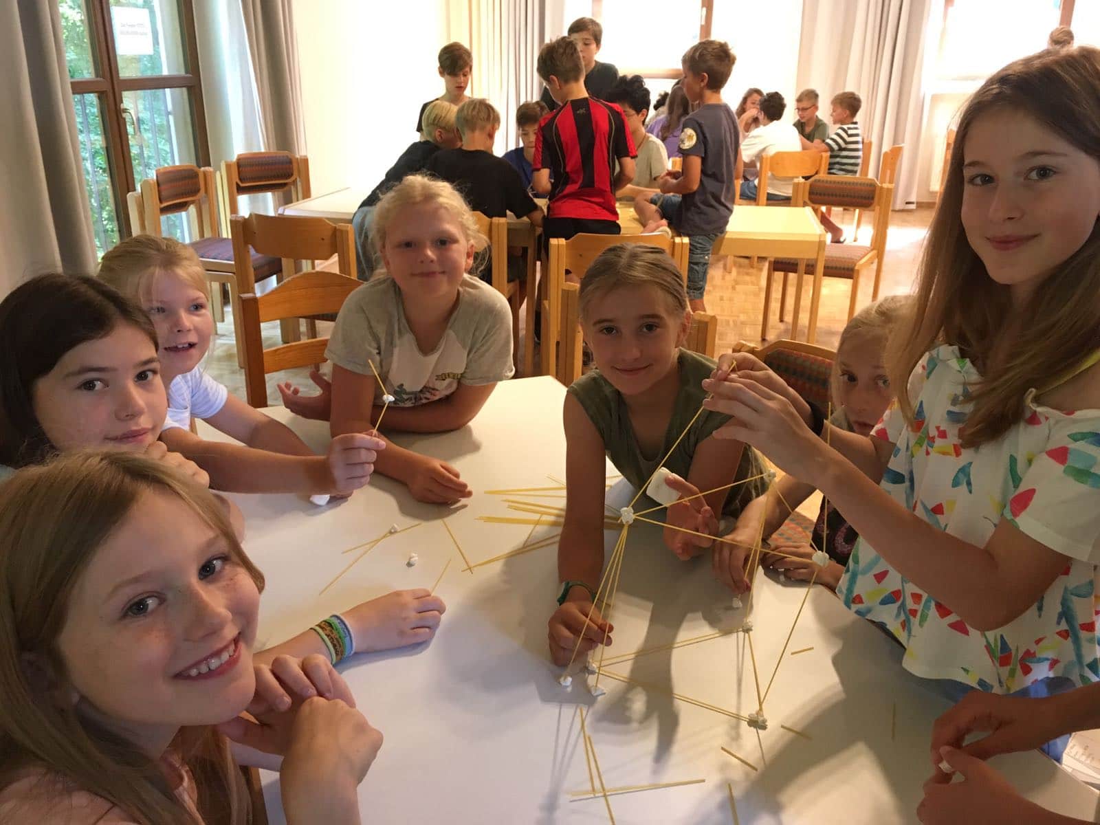 Eine Gruppe junger Mädchen sitzt an einem Tisch und spielt ein Spiel.