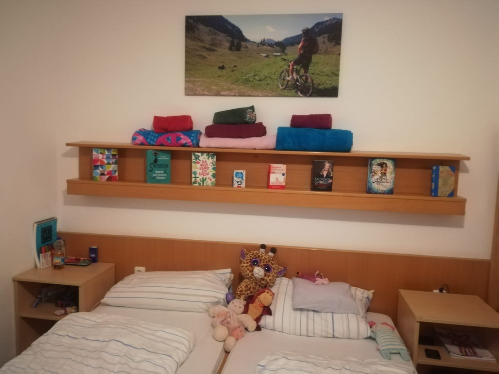 Schlafzimmer mit zwei Einzelbetten, hölzernem Kopfteil, Regal mit Büchern und Handtüchern. Landschaftsfoto oben.