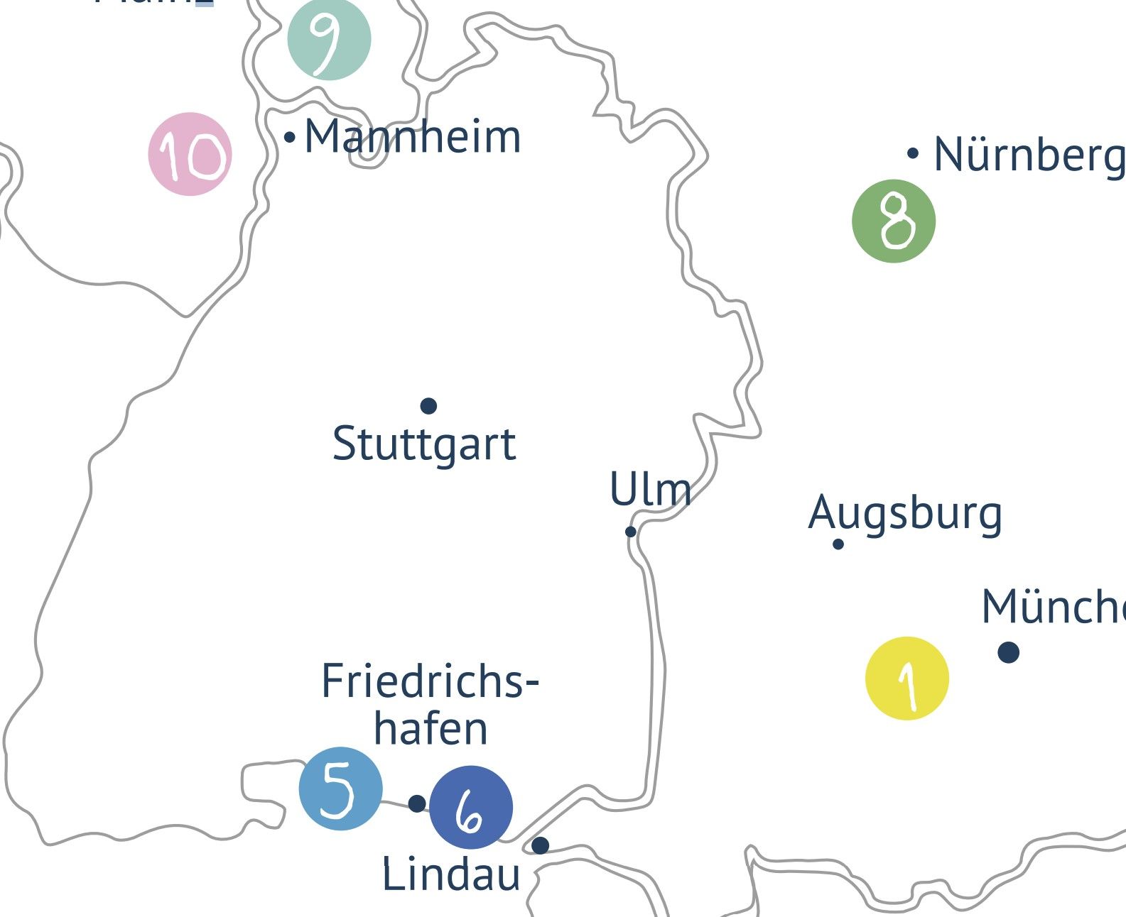 Eine Karte von Deutschland mit der Lage von Stuttgart, Friedrichshafen und Lindau.