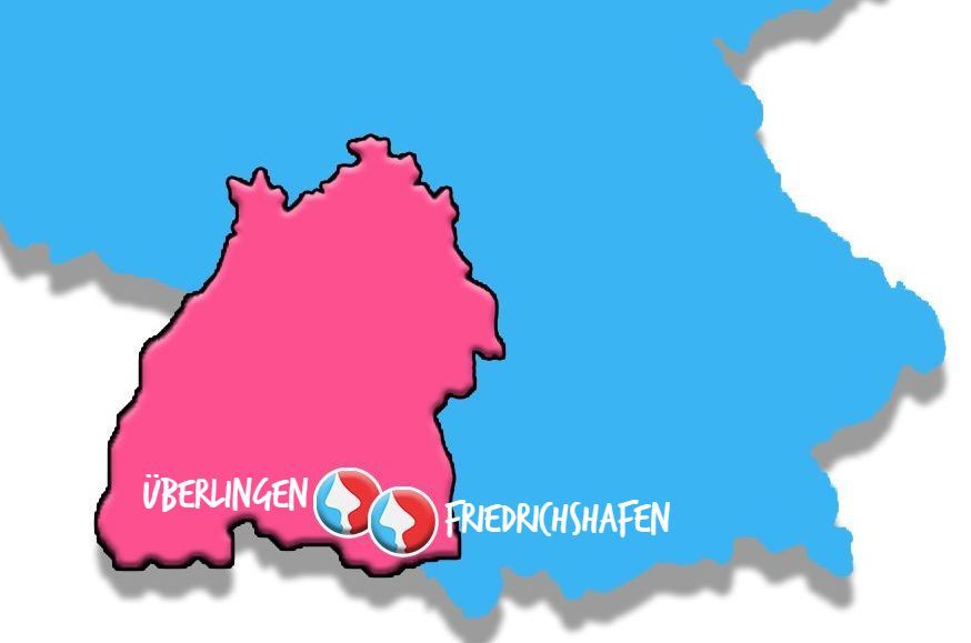 Eine rosa-blaue Karte von Oberlingen und Friedrichshafen