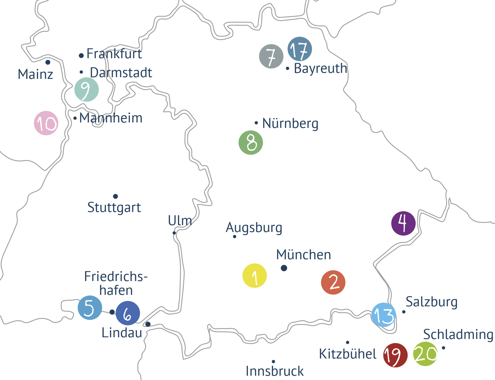 Eine Karte von Deutschland mit Städten wie Augsburg und München