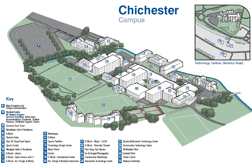 Eine Karte des Chichester-Campus mit Gebäuden und Bäumen