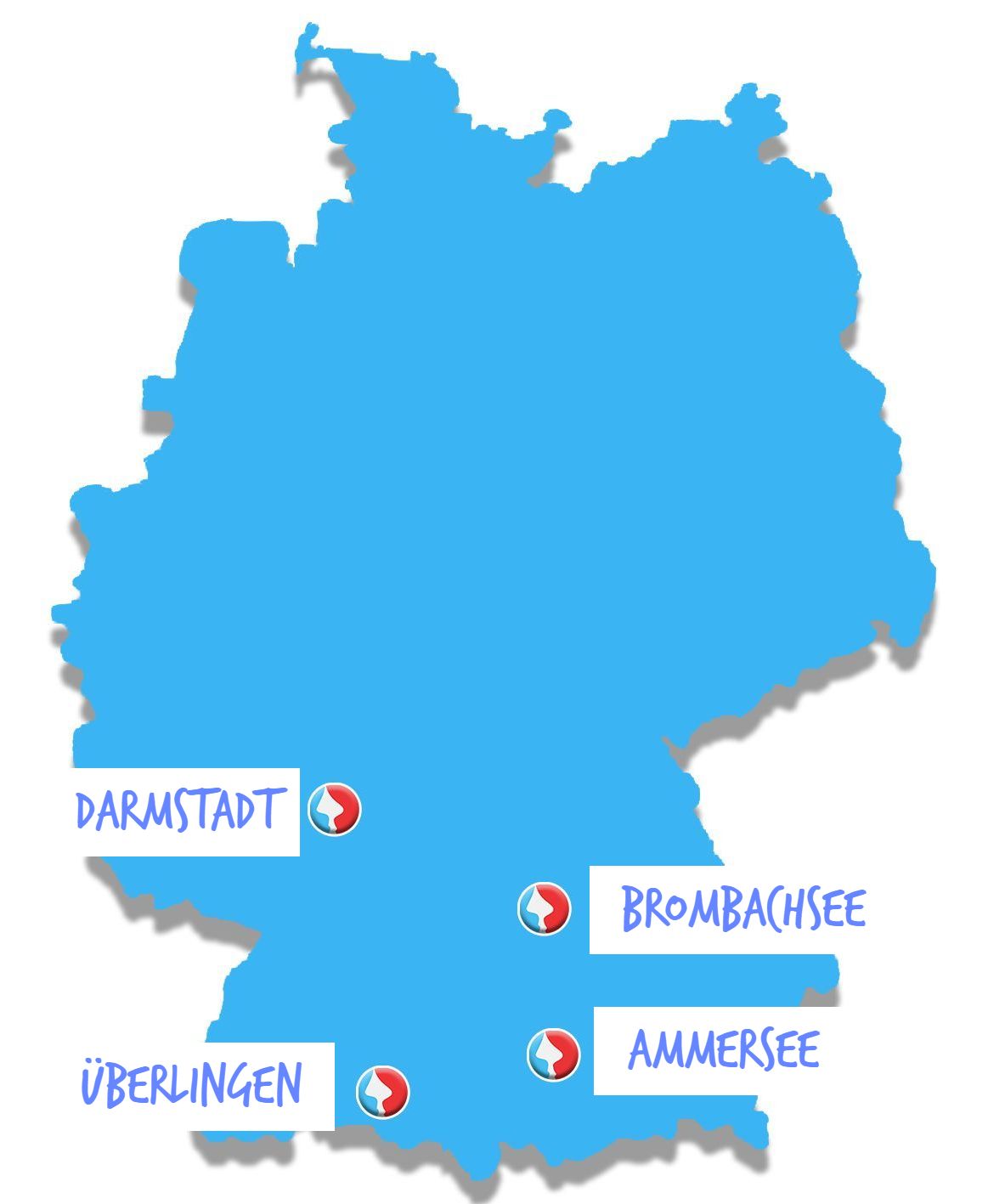 Eine blaue Deutschlandkarte zeigt die Standorte Darustadt Brombachsee und Ammersee