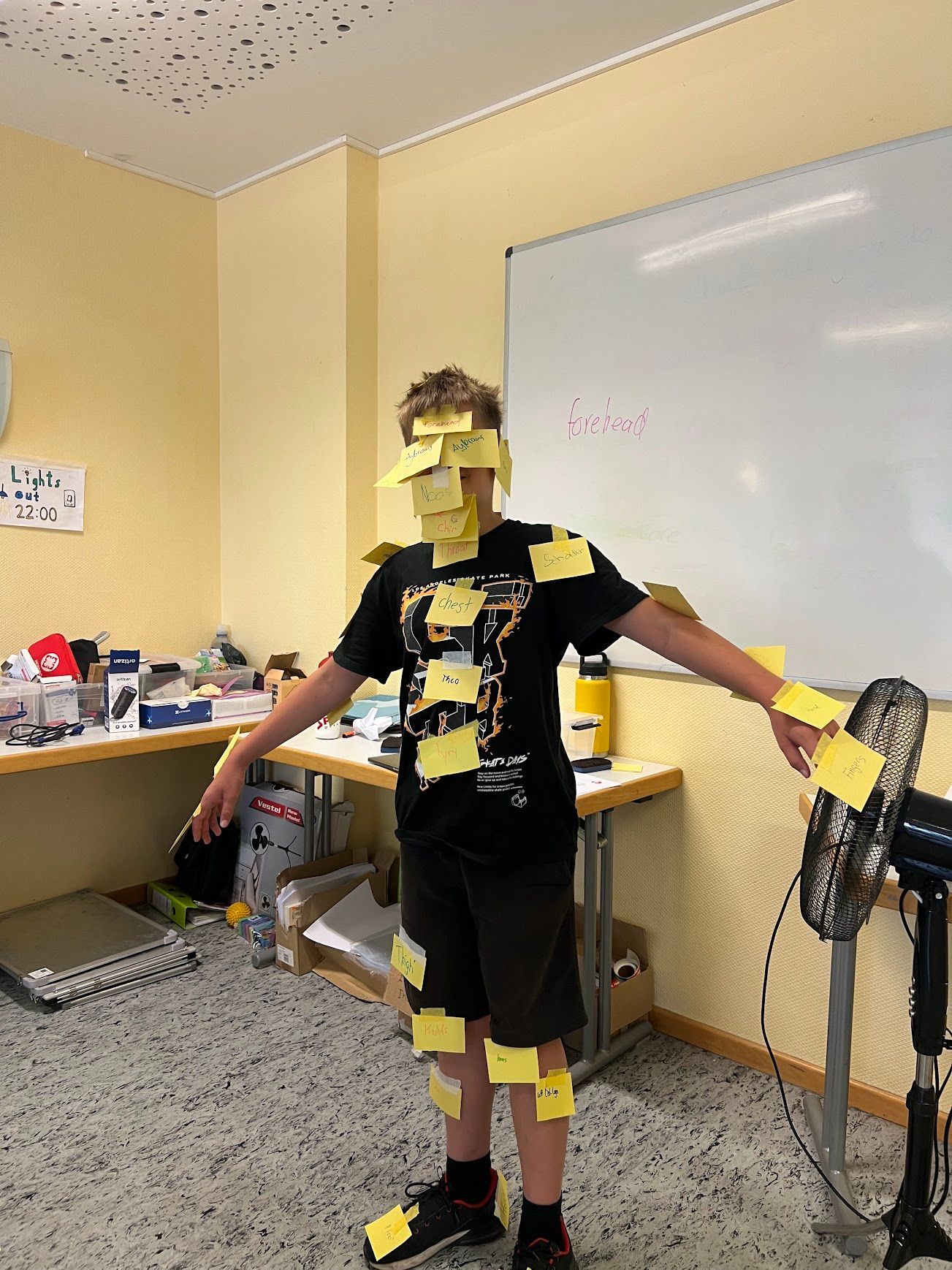 Eine Person, die mit gelben Haftnotizen bedeckt ist, die Arme ausgestreckt, steht in einem Raum mit einer Tafel und einem Ventilator.