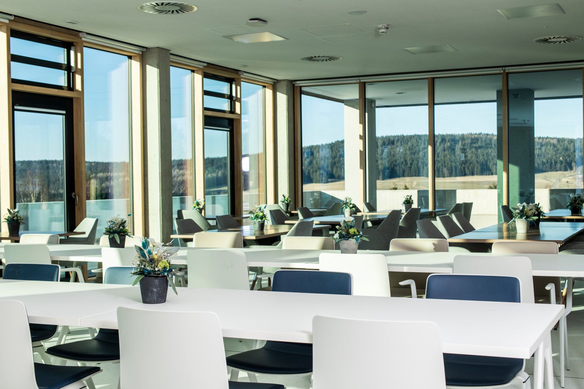 Heller Speisesaal mit vielen Tischen, Stühlen und großen Fenstern mit Blick auf die Landschaft.