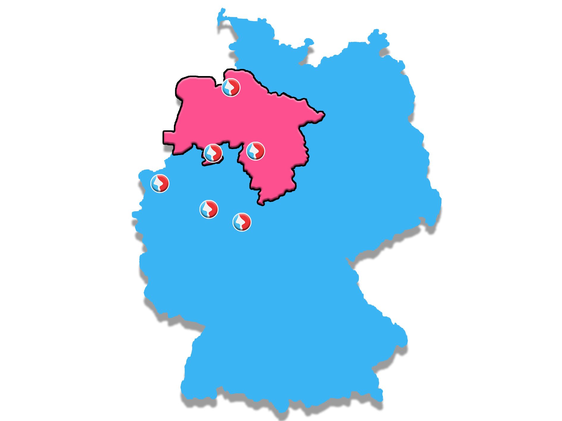 Eine rosa-blaue Deutschlandkarte mit grünen Stecknadeln