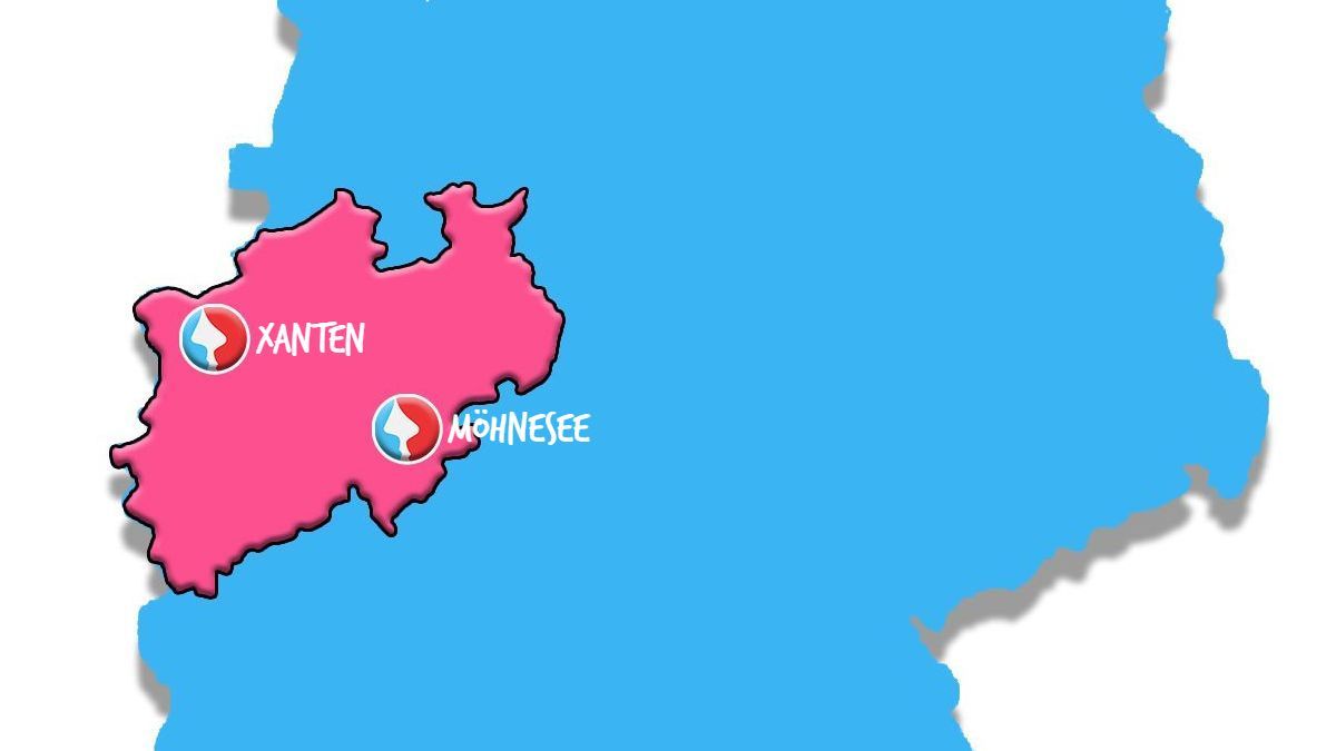 Eine blau-rosa Karte mit zwei Städten darauf