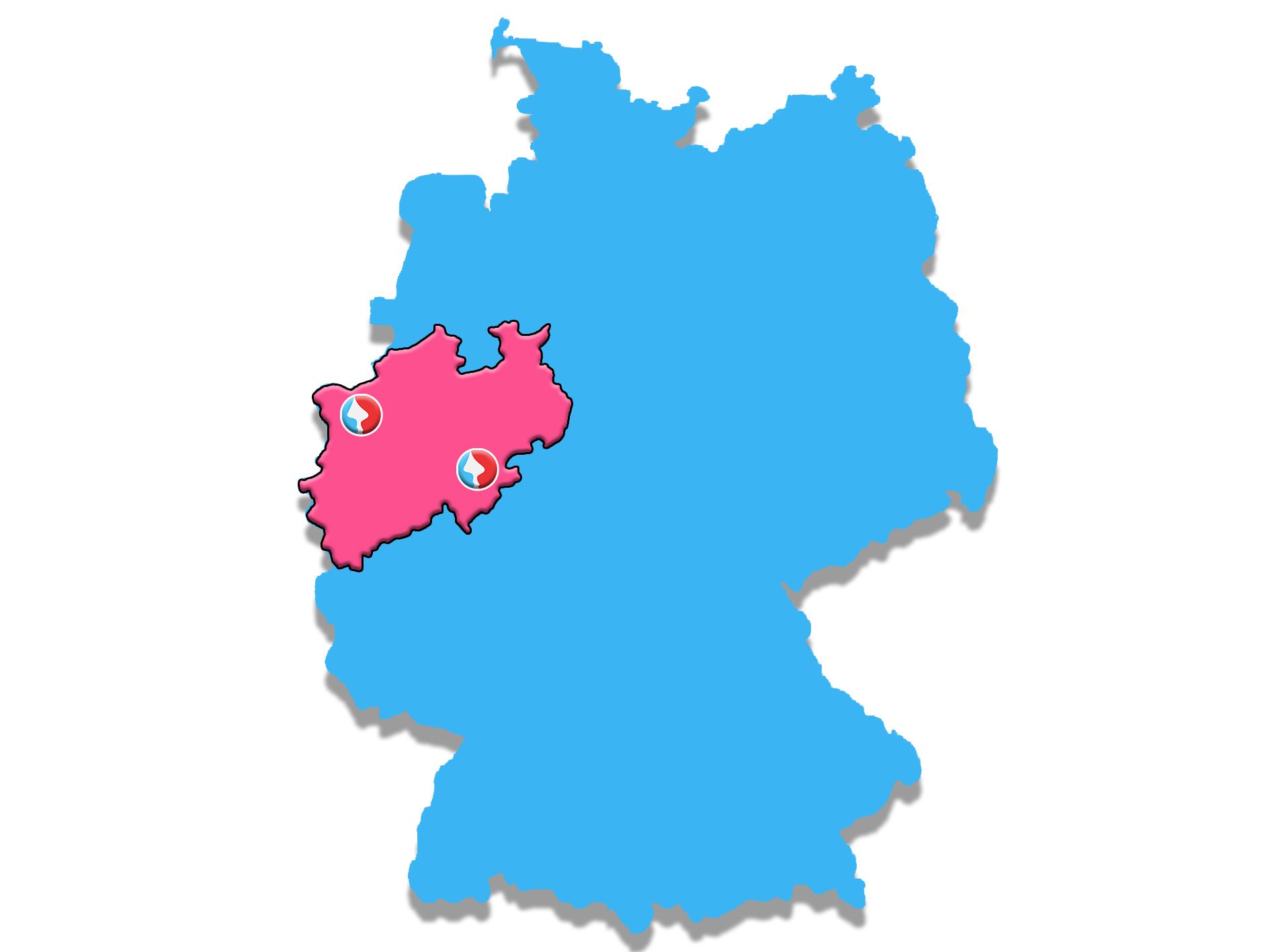 Eine rosa-blaue Deutschlandkarte mit grünen Stecknadeln