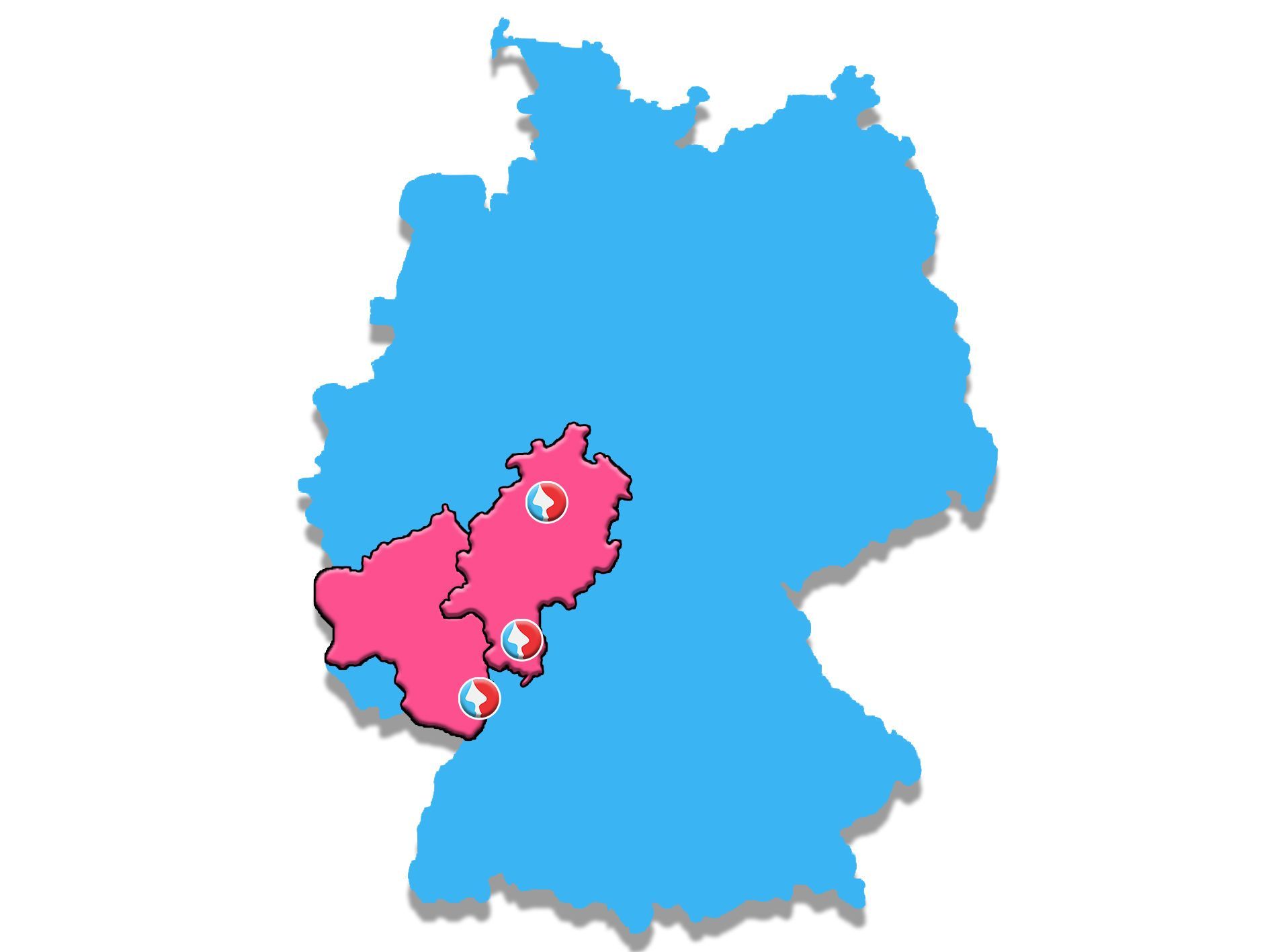 Eine rosa-blaue Deutschlandkarte mit grünen Stecknadeln