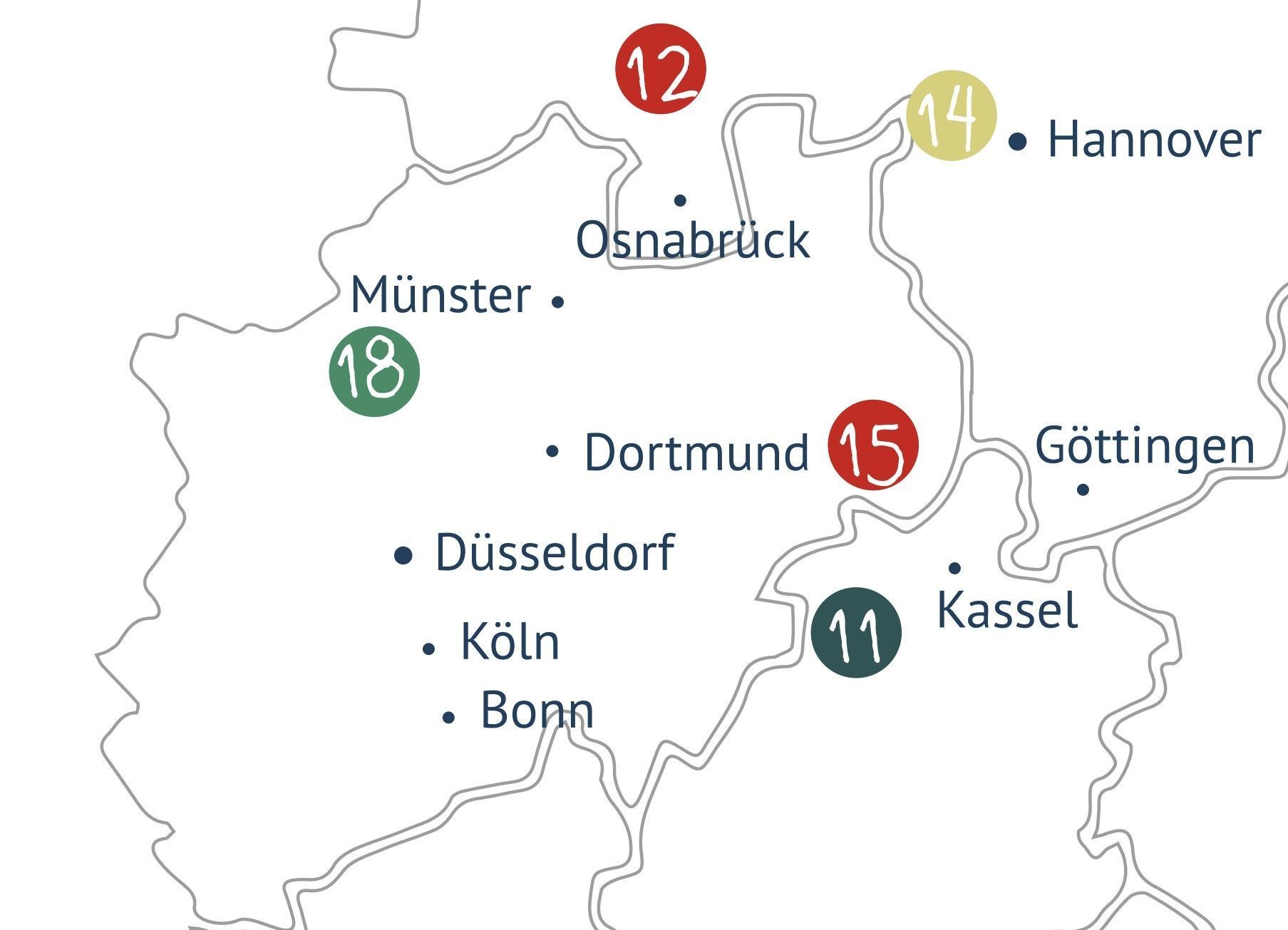 Eine Karte von Deutschland mit den Städten Münster, Osnabrück, Dortmund, Kassel und Hannover