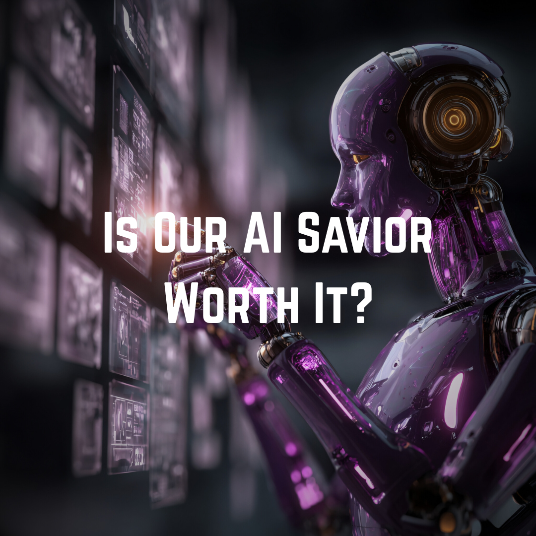 Purple robot looking at screens with text, 