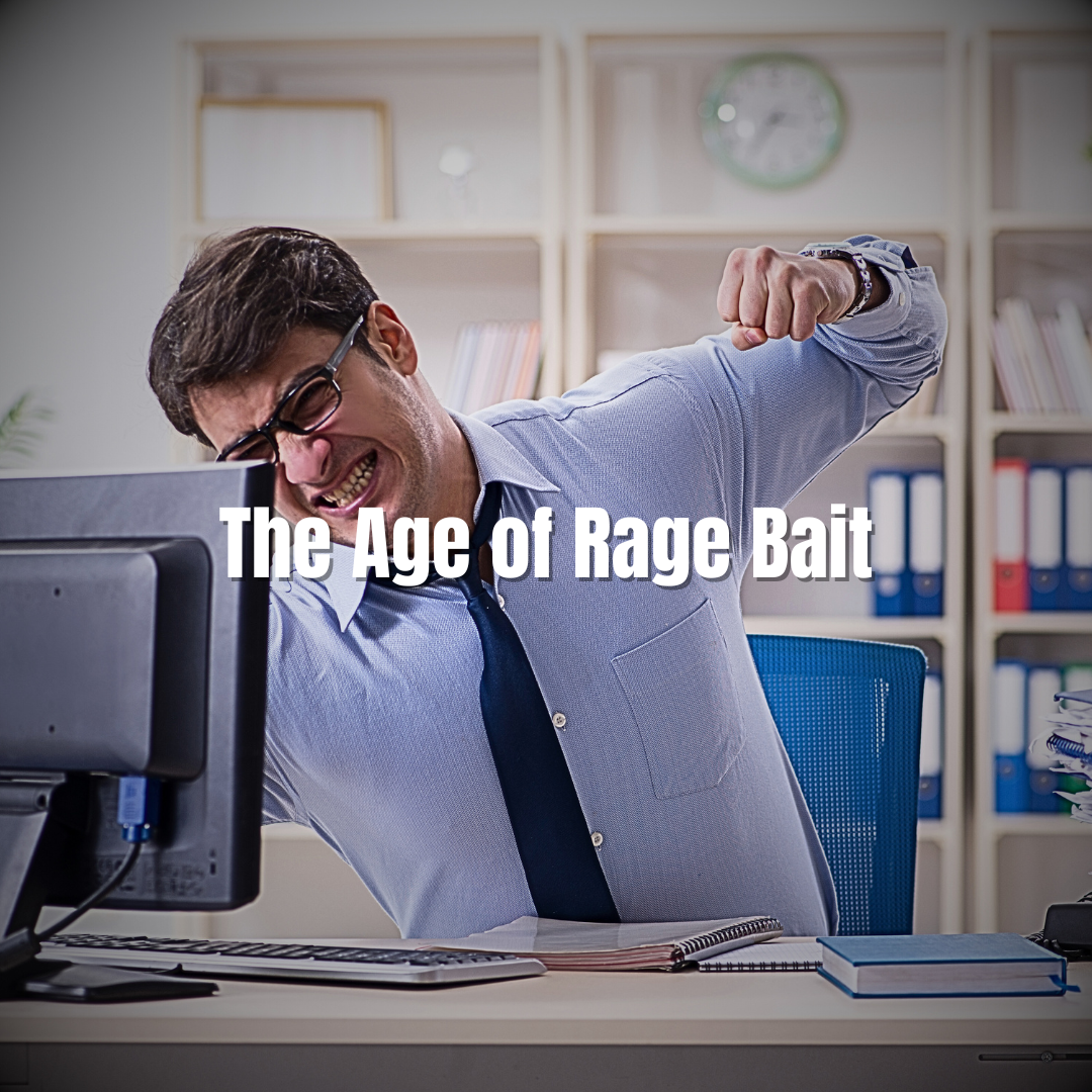 Man in office hitting computer screen, frustrated; text 