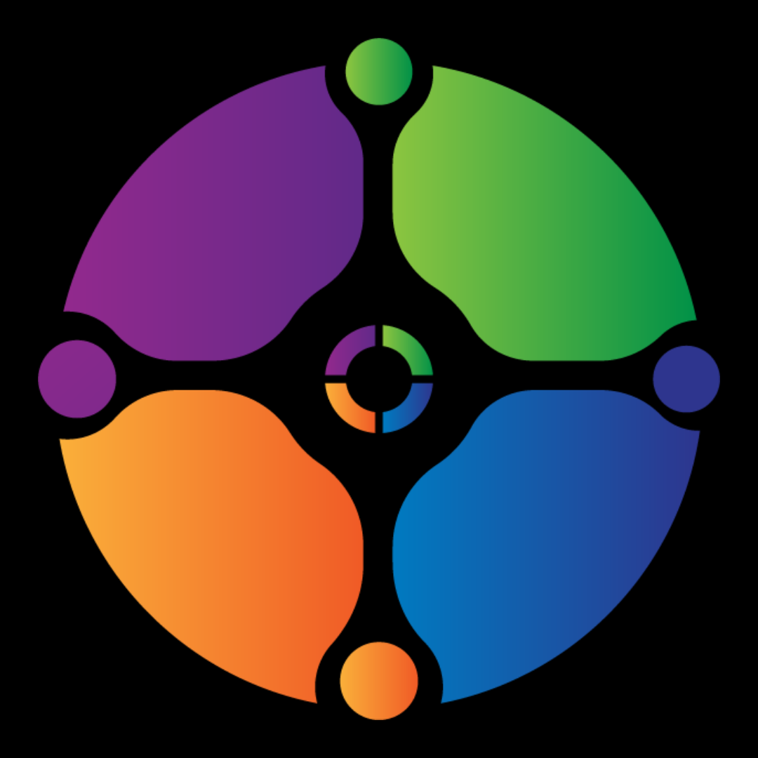 A rainbow colored circle with a circle in the middle logo for round 2 it marketing