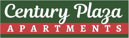 Century Plaza Apartments logo in green and red with white script text