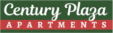 Century Plaza Apartments logo in green and red with white script text